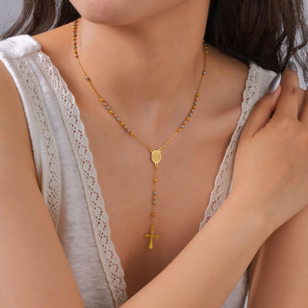 Vnox Dreifarbige Rosenkranz Jungfrau Maria Halskette Für Frauen Edelstahl Modeschmuck Heiliger Benediktus Kreuz Y-förmige Halskette