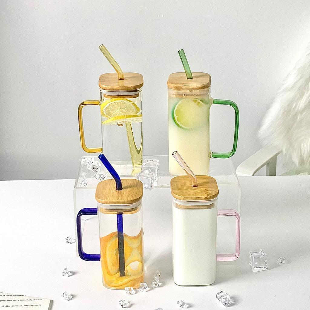 High Value Glass Straw Cup with Cover  Square Color Handle Transparent Glass Milk Tea Flat Bottom Single Layer Cup