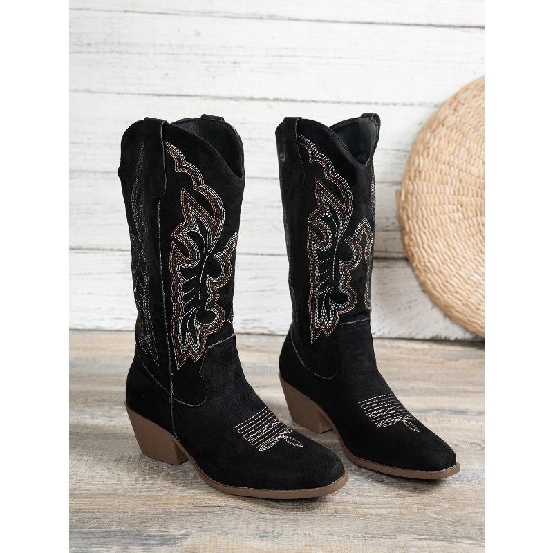 2025 Fashion Fall/Winter New Mid-Heeled Women's Boots Round Toe Plus Size Embroidered Western Women's Boots