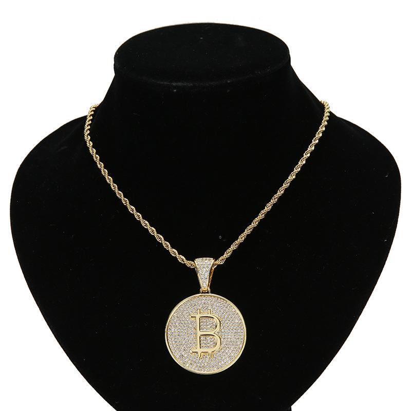 Bitcoin Coin Pendant with Copper Inlaid Zircon, Hip-hop Trend, Men's Personalized Necklace Accessories