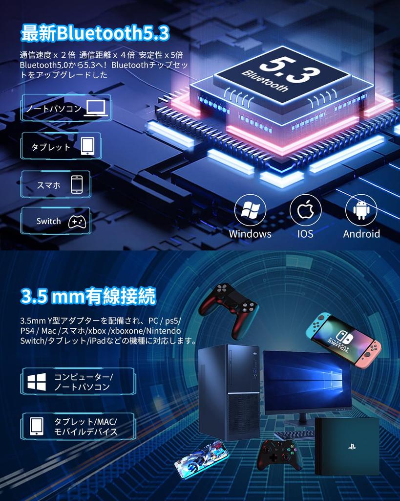Gaming Bluetooth Wired and with for Sound Compatible with Multiple Xbox Includes Japanese Instruction Blue Black Headset, 5.3, Wireless, Mic, Music,