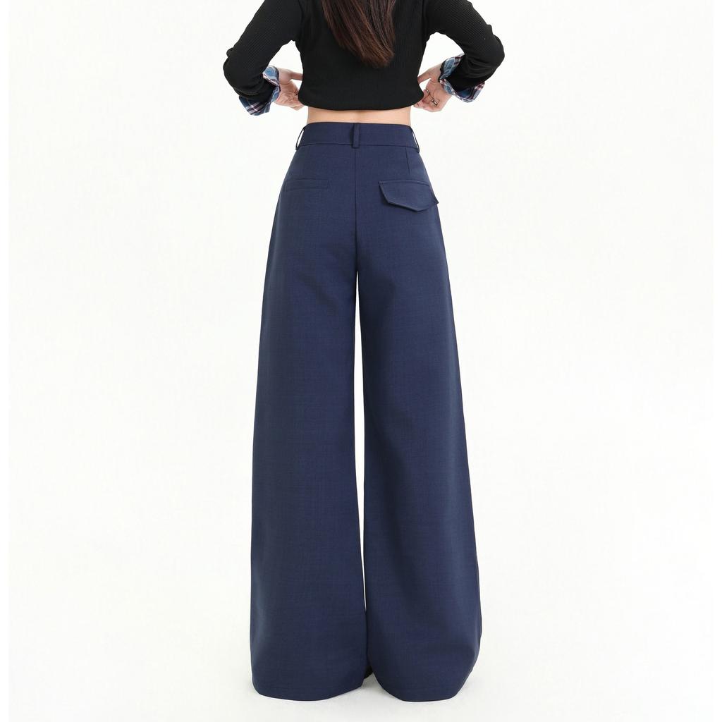 navy blue yuppie old money style retro straight trousers women's high waist thin casual trousers trousers & extended