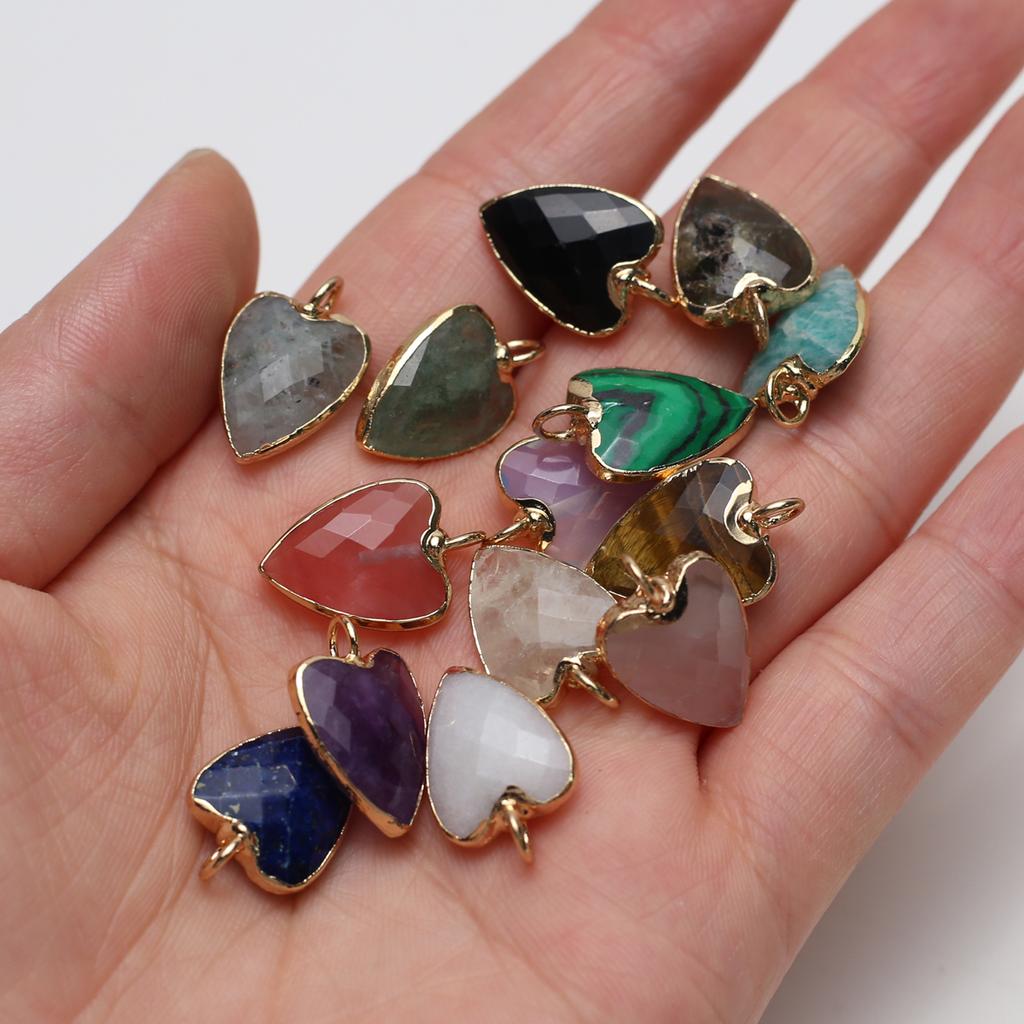3Pcs, Trending Heart Crystal Pendant with Golden Edging, Faceted Natural Stone Amethyst Agate Opal Gems Charms for Jewelry Making DIY Crafts 13×19mm