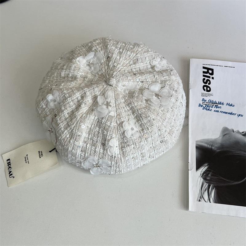 

Осень и зима новая нишевая звезда берет с пайетками детская элегантная восьмиугольная шляпа универсальный берет художника M（56-58cm） белый