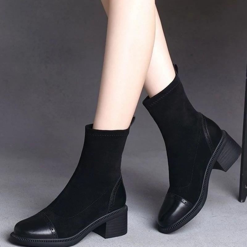 Fashion Elastic Slip On Women's Half High Boots High Heels Goth 2025 New Chic and Elegant Promotion Gothic Rock Ladies Mid Calf Shoes