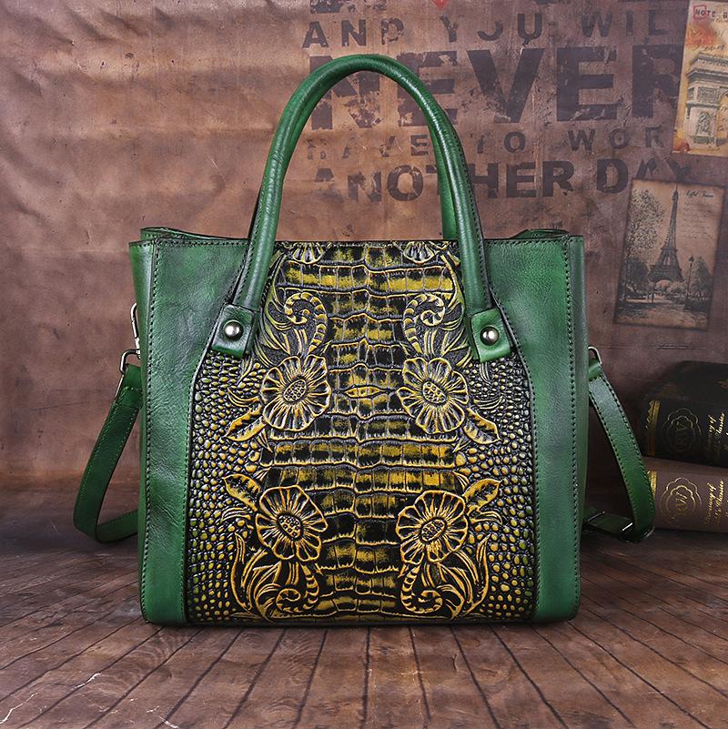 Johnature Retro Genuine Leather Handmade Women Bag First Layer Cowhide Large Capacity Handbag Embossed Shoulder Bags
