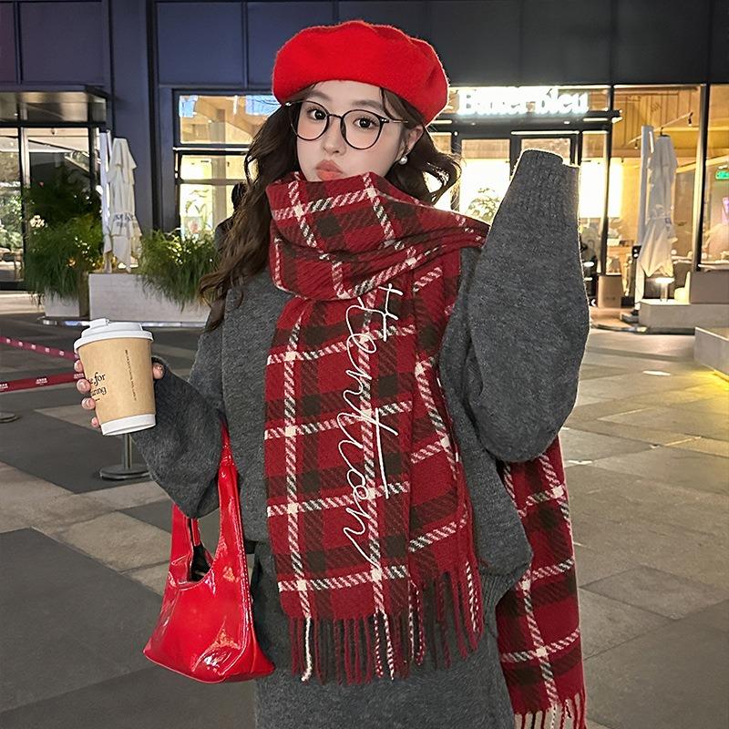 College style red plaid scarf women's autumn and winter fashion versatile student couple pair of scarves men's long models