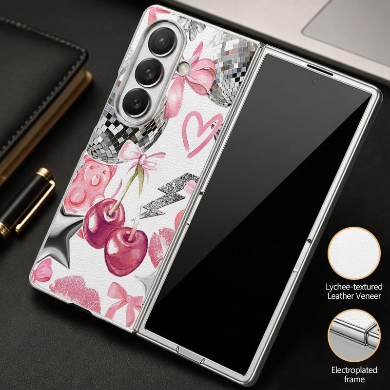 Polka Dot Cherry Print Case For Samsung Z Flip 8 7 6 5 Luxury Plating Leather Skin Folding Phone Cover For Galaxy Z Flip8 Flip7 Flip6