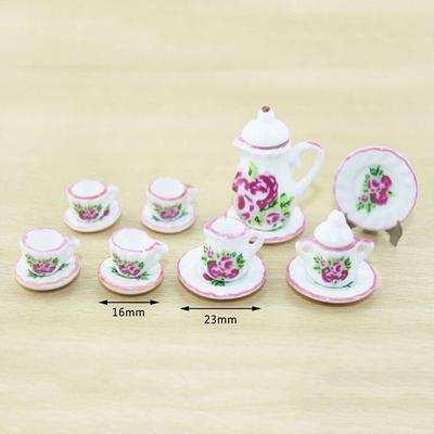 15Pcs 1:12 Dollhouse Miniature Tableware Porcelain Ceramic Tea Cups Set Toys