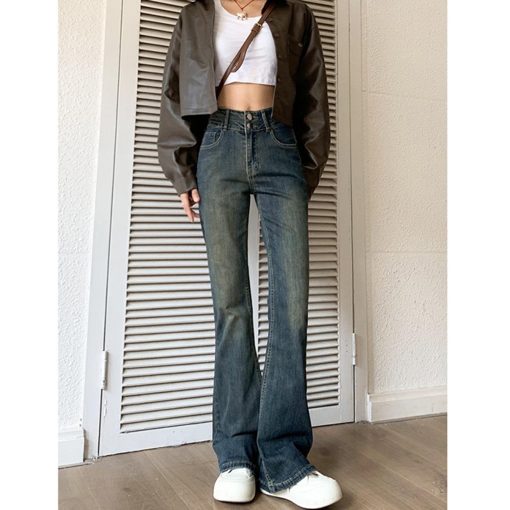 

High-waisted and slightly pulled jeans design sense women s spring and autumn new small slim-fitting and thin versatile bell pants XL