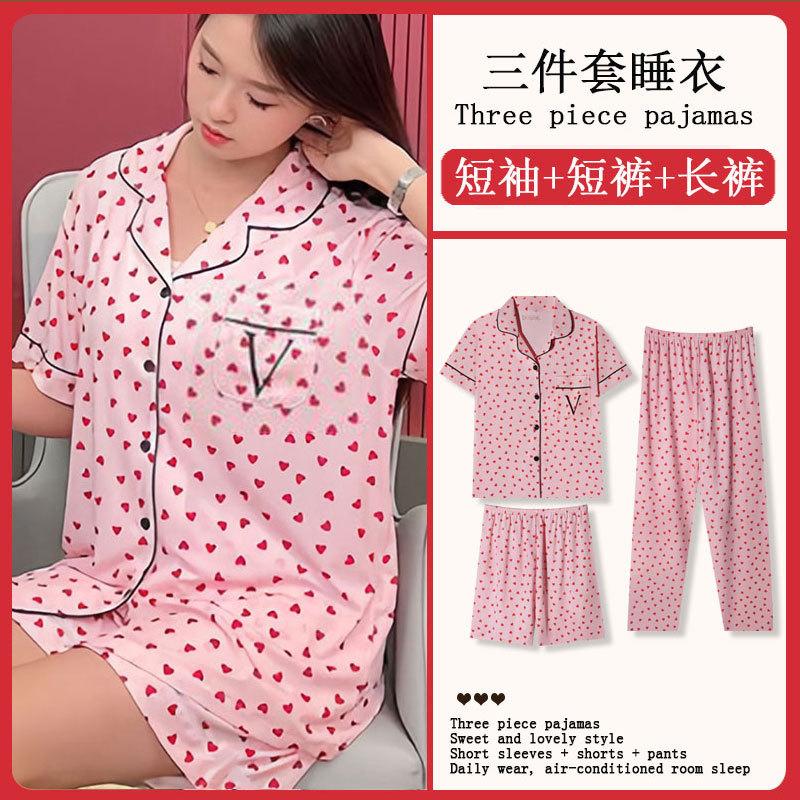 GMXIA Sommermode Pyjama Damen Kurzarm Dreiteiliges Set, Baumwollähnlich Cartoon Student Hauskleidung, Kann Draußen Getragen Werden