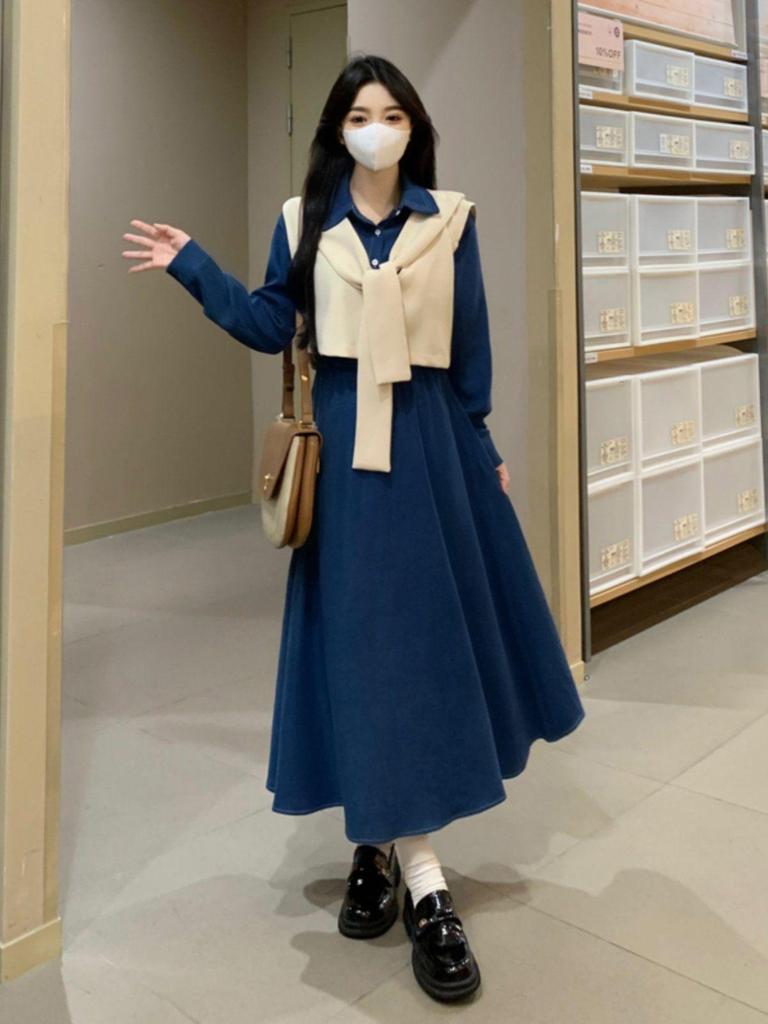 Elegant Denim Blue Dress for Women - New Autumn Slimming Preppy Style Two-Piece Vest and Skirt Set