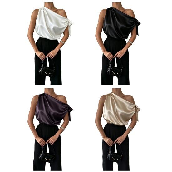 Dames Blouse Schuine Schouder Asymmetrisch Off-Shoulder Strik Blouse Casual Kantoorstijl Losse Pasvorm Satijnen Tops Dagelijkse Kleding