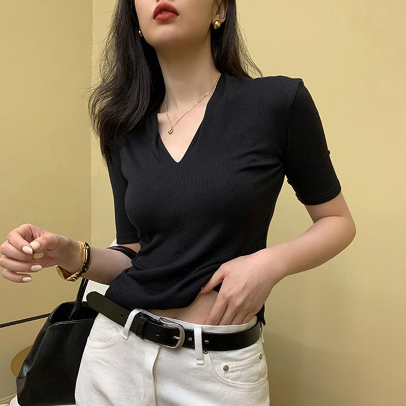 

New Summer French V-neck Short-sleeved T-padded Women s Slim Sexy Low-neck Top Base Shirt for Women S