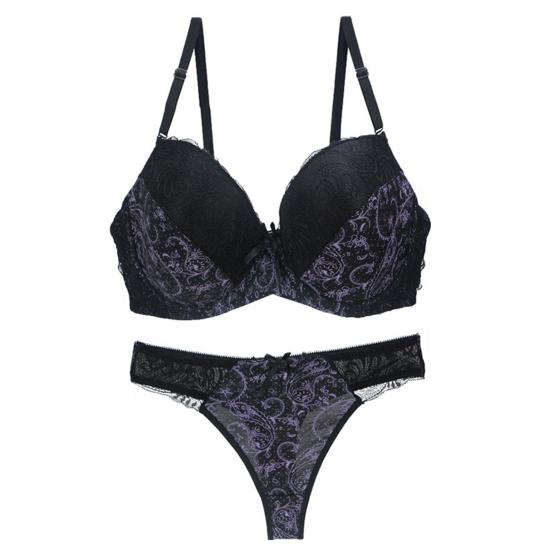 2 Pcs/Set Women Bra Panties Set Lace Bow Decor Adjustable Strap Color Matching No Wire Push Up Back Closure Low Waist Underpants Lady Underwear Set