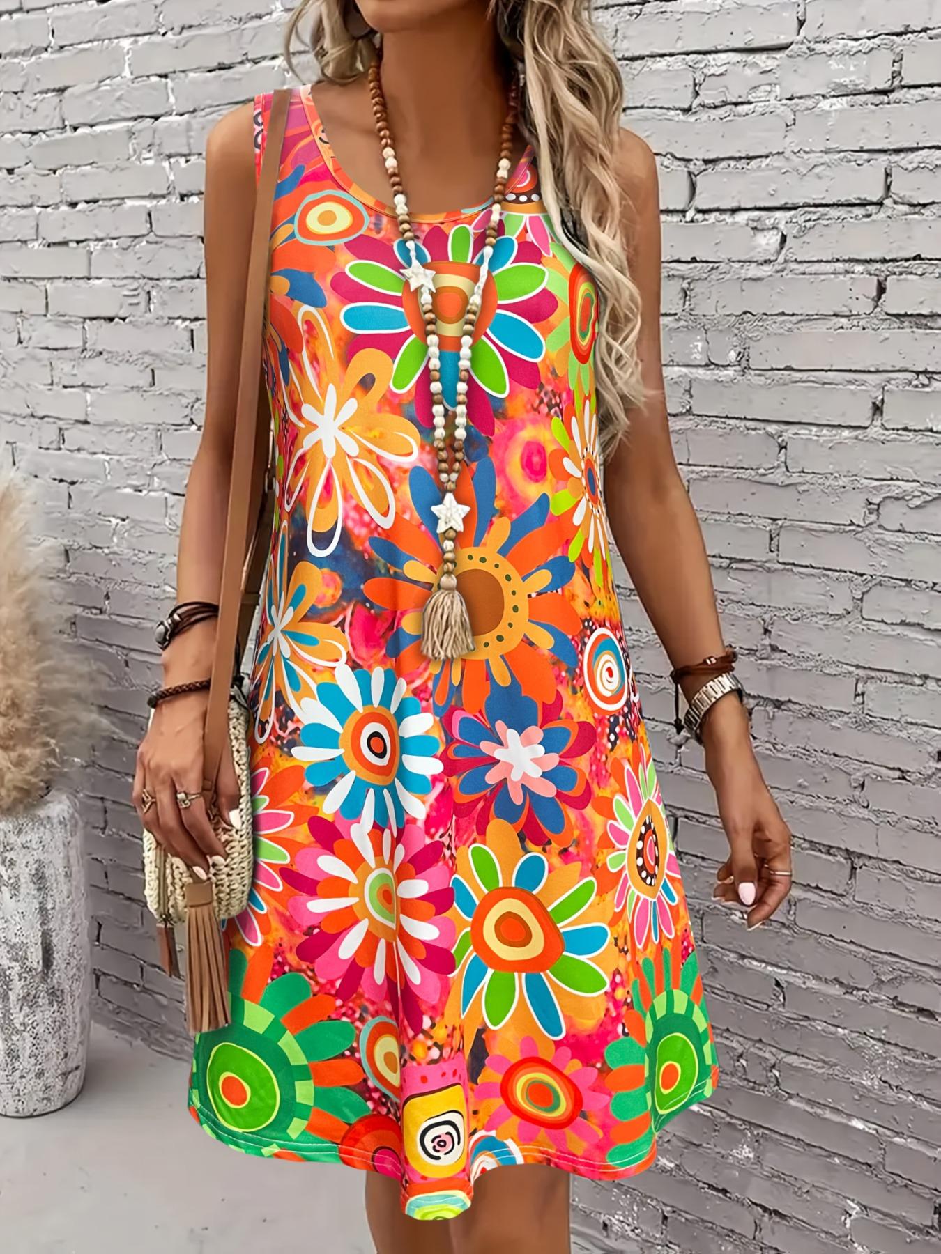 Women s Vibrant Floral 3D Print Sleeveless Dress Spring/Summer Vacation Style Dress S