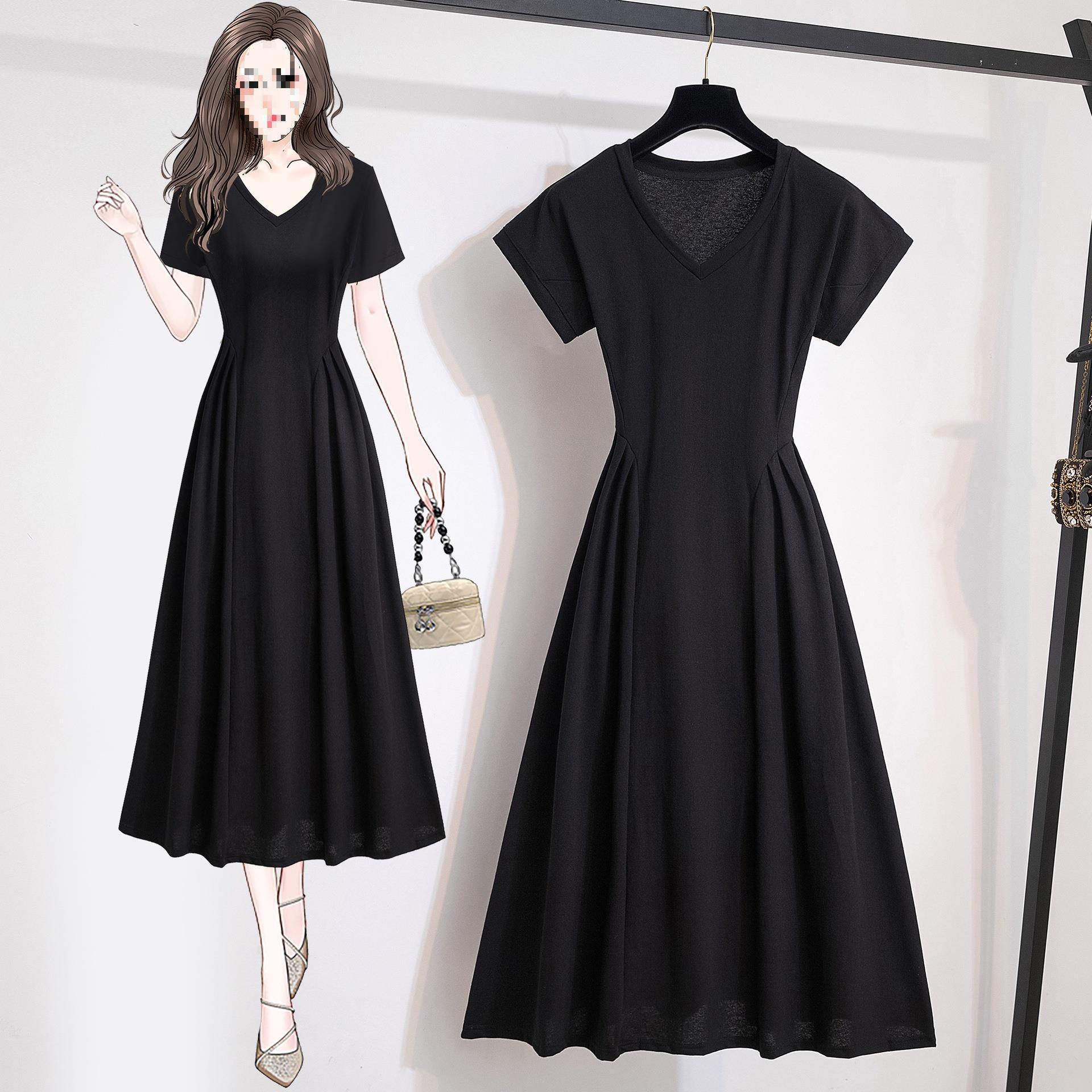 

Casual pendant dress summer large size fat mm temperament V-neck waist thin cover t-shirt skirt temperament long dress S чёрный