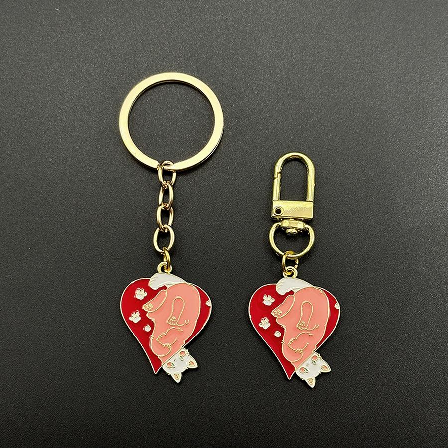 Cartoon Cat Playing Card Keychain with Heart and Geometric Pendant