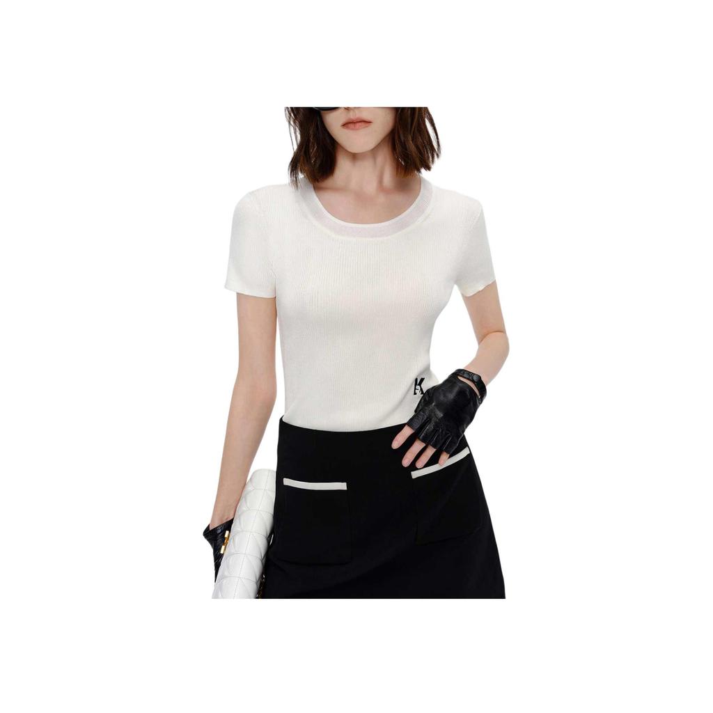 Karl Lagerfeld French Elegant Daily Commuting Dating Outfit Light Luxury Solid Color Round Neck Short Sleeve Knit Top Women Tops Off-white M21L2339