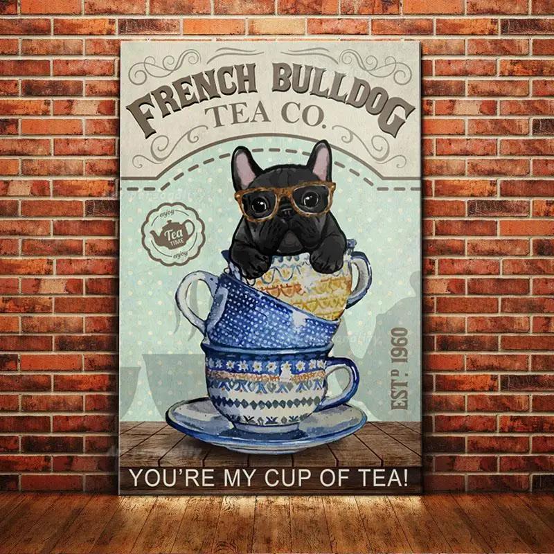 French Bulldog Coffee Club Dogs Metal Sign Funny Fries Tin Poster Home Decor Bar Wall Art Painting Dog Lover Poster xinch