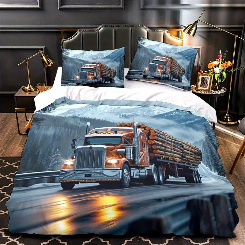 Truck 3D Digital Print Polyester Duvet Cover Set, Zipper Closure, All-Season Comforter Cover Kit, Machine Washable