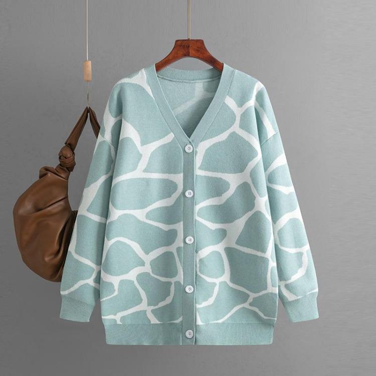 Autumn Winter Women Jacquard Sweater Loose Knit Coat V Neck Long Patterned