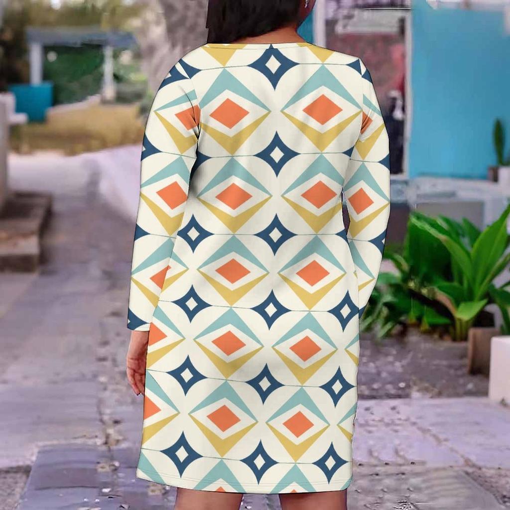Women Plus Size V Neck Long Sleeve Fitted Printed Straight Midi Dress