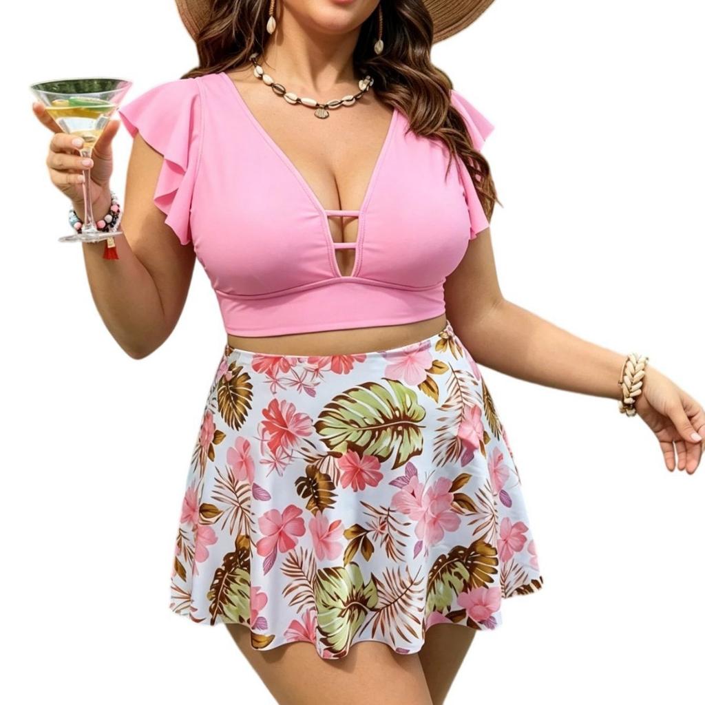 1011 New Large Size Swimsuit Women's Split High Waist Skinny Lotus Leaf Edge Deep V Tropical Printed Skirt Swimsuit