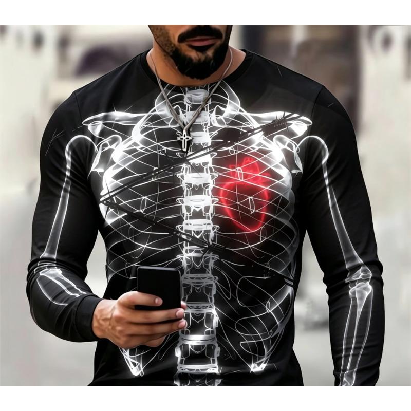 Maglietta da Uomo a Maniche Lunghe Girocollo con Stampa 3D Gabbia Toracica Scheletrica, Top a Maniche Lunghe Casual Streetwear con Grafica Teschio Gotico
