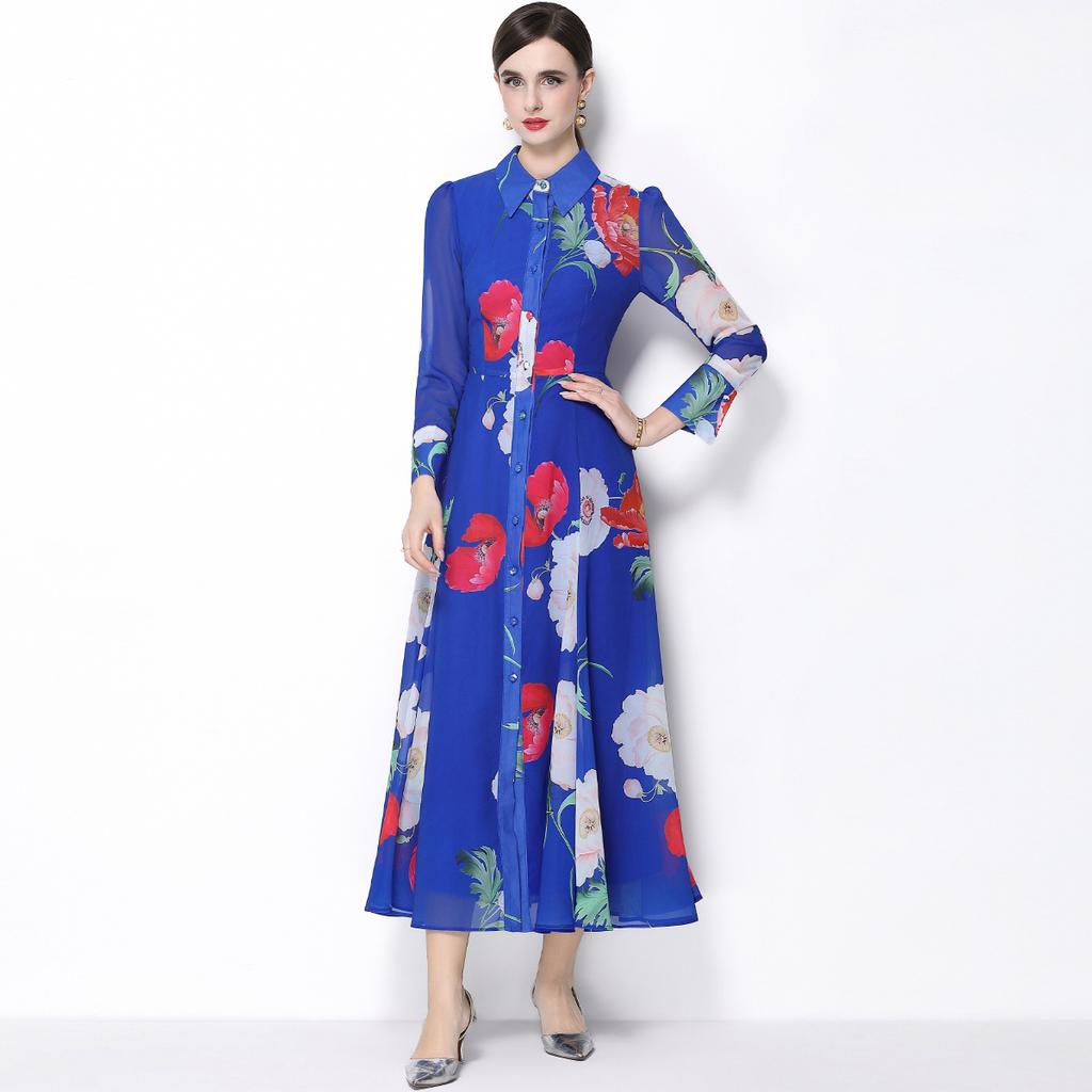 Spring Clothing for Women 2026 New Style High-End Flower Printed Belt Slim-Fitting Long French Long Sleeve Chiffon Maxi Dress