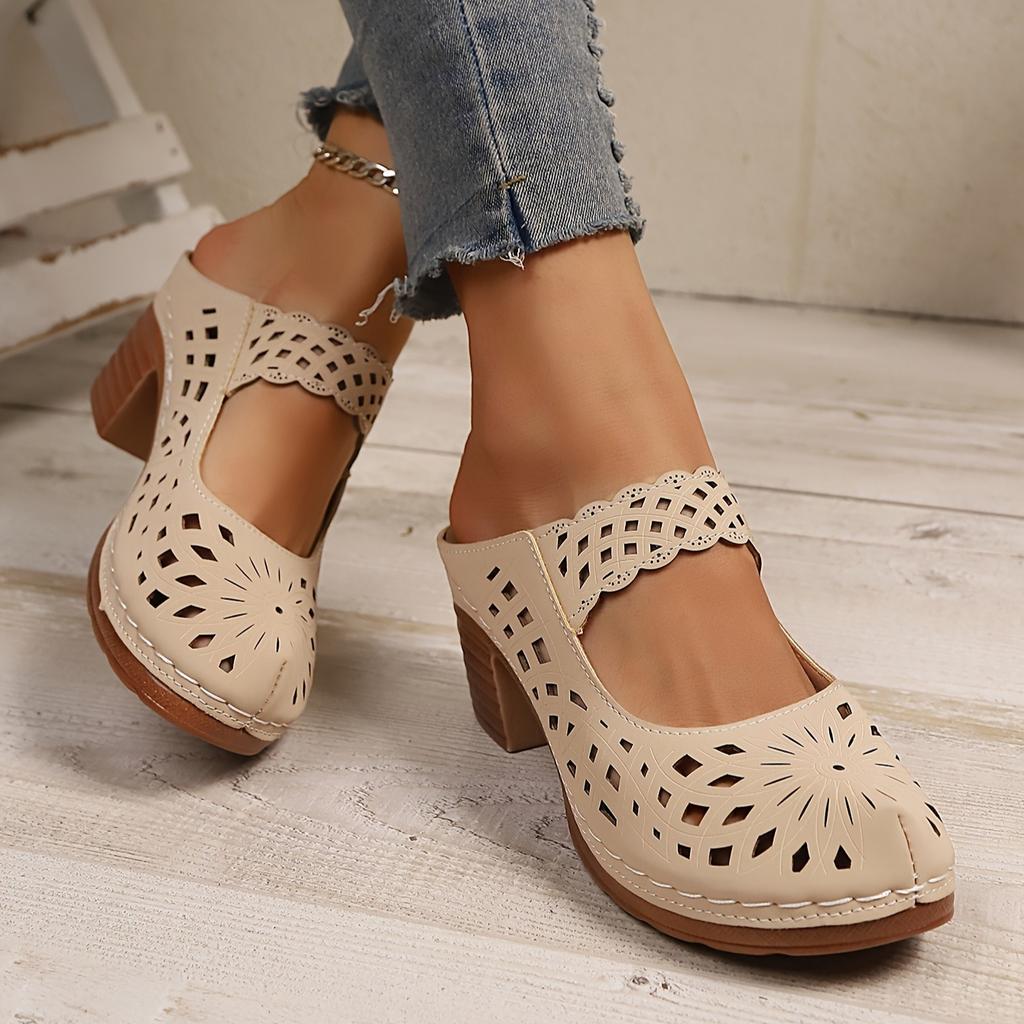 Summer Women's High-heeled Sandals,Elegant Retro Hollow Out Breathable, European and American Style Round Toe Thick Heel Sandals
