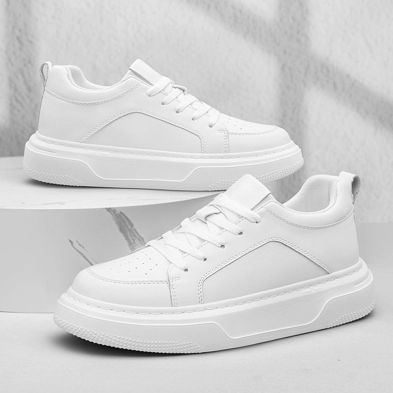 Men's Height-Boosting Low-Top Cowhide Sneakers - Thick Sole, Casual & Running Shoes (White)