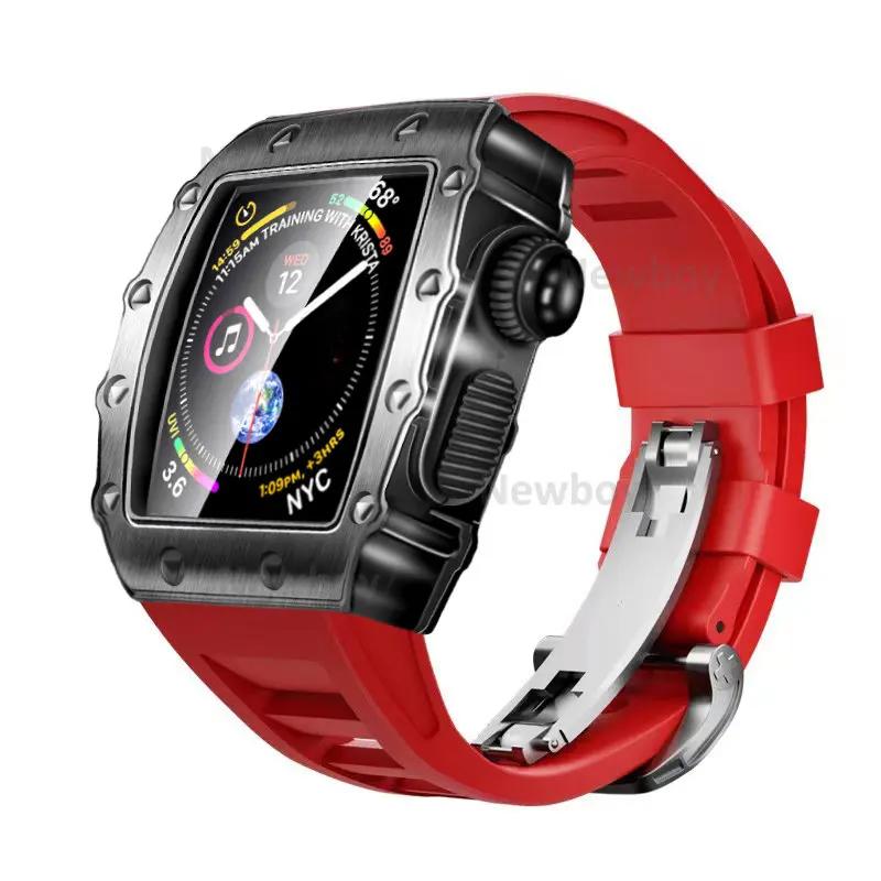 Men Case Strap for Apple Watch Series 8 7 41mm 45mm Rubber Sport Band for iWatch 6 5 4 SE 40 44mm Luxury Metal Modification Kit