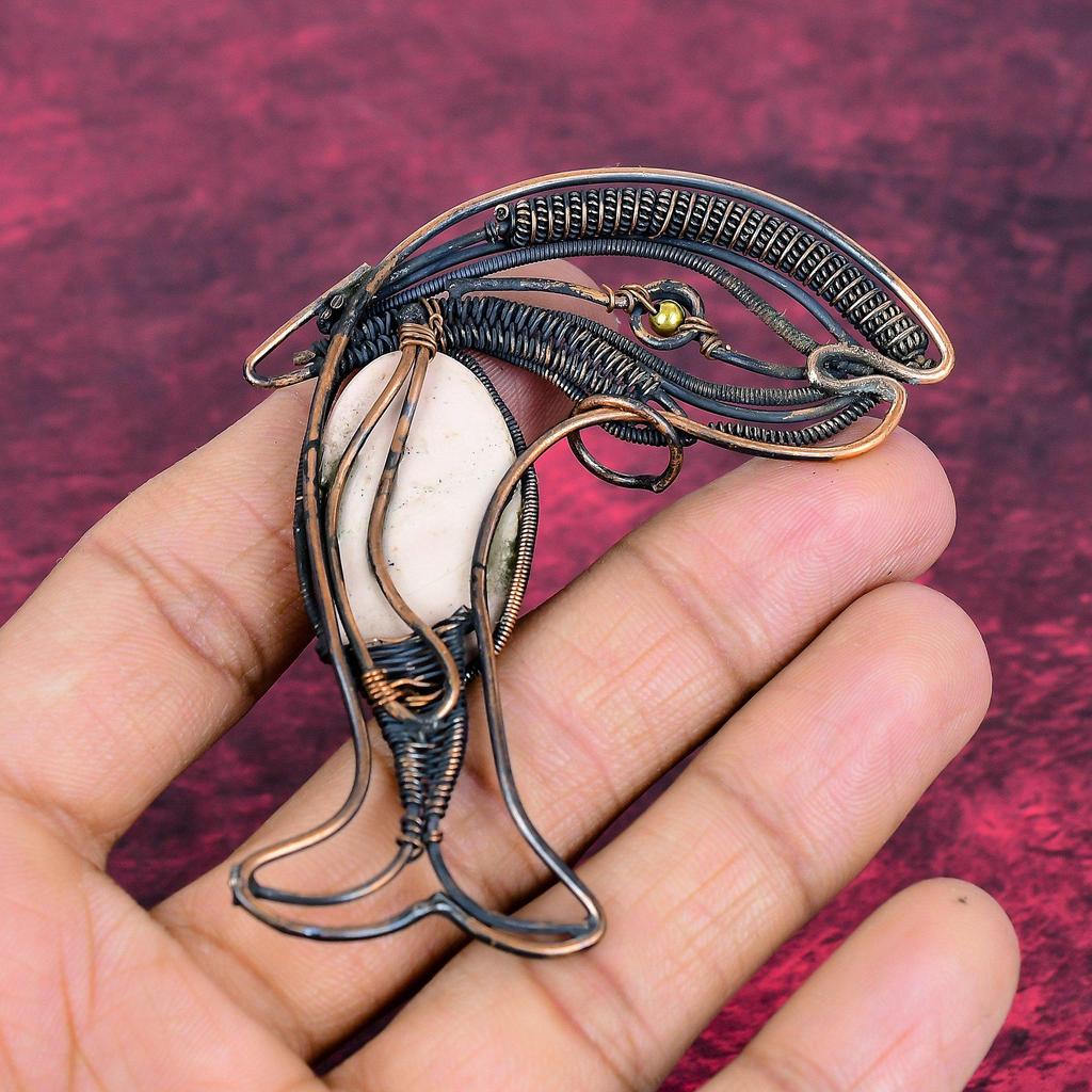 Pink Opal Gemstone Pendant Fish Pendant Copper Wire Wrapped Handmade Jewelry