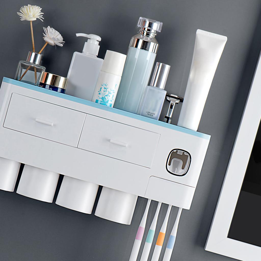 Zahnbürsten-Aufbewahrungsregal Umgekehrte magnetische Adsorption Zahnbürstenhalter Zahnpasta-Squeezer 4 Blau