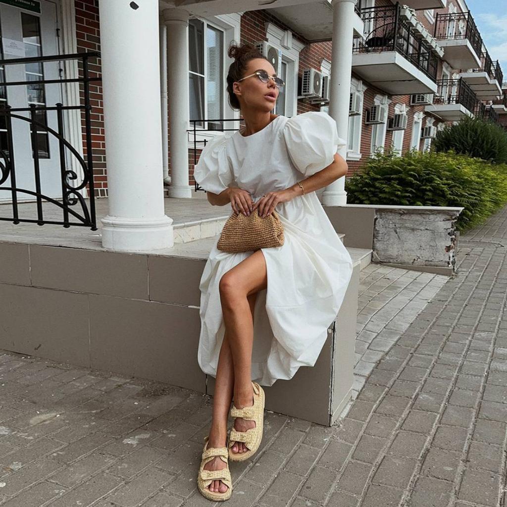 Robe à col rond et manches bouffantes 100% coton pour femme, Robe décontractée ample unie pour le printemps et l'été, Style européen américain