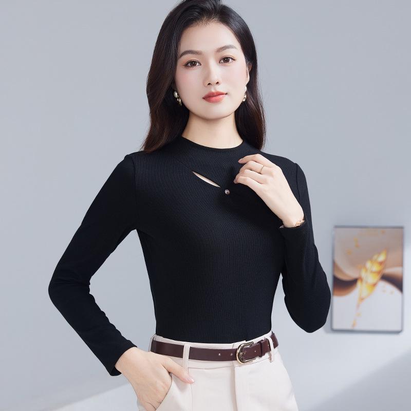 High-Quality Women's Stretch Slimming Long Sleeve Cotton Top – Versatile Fashionable Hollow-Out Design for Spring and Autumn