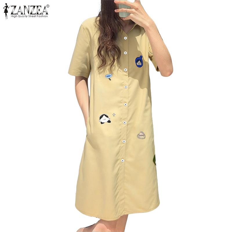 ZANZEA Women Summer Turn Down Collar Casual Short Sleeve Print Shirt Dress
