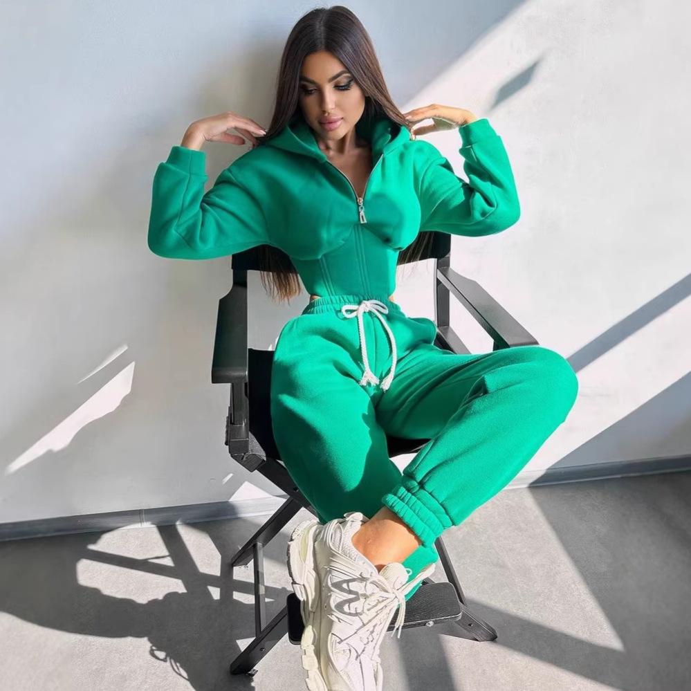 European and American fashion casual women's solid color long-sleeved waist cardigan hooded sweater strappy pants two-piece set