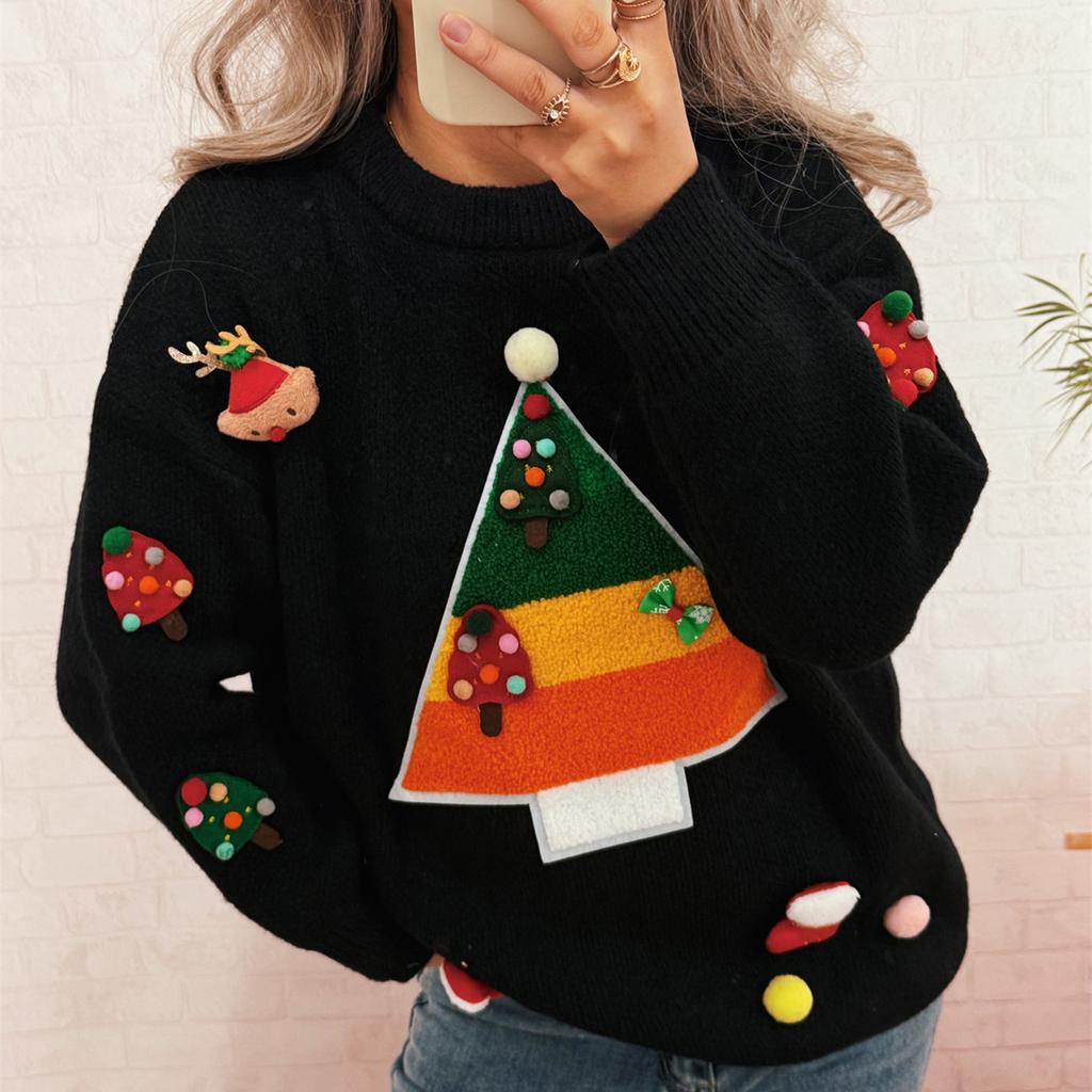 Damski Modny Świąteczny Sweter z Długim Rękawem z Okrągłym Dekoltem