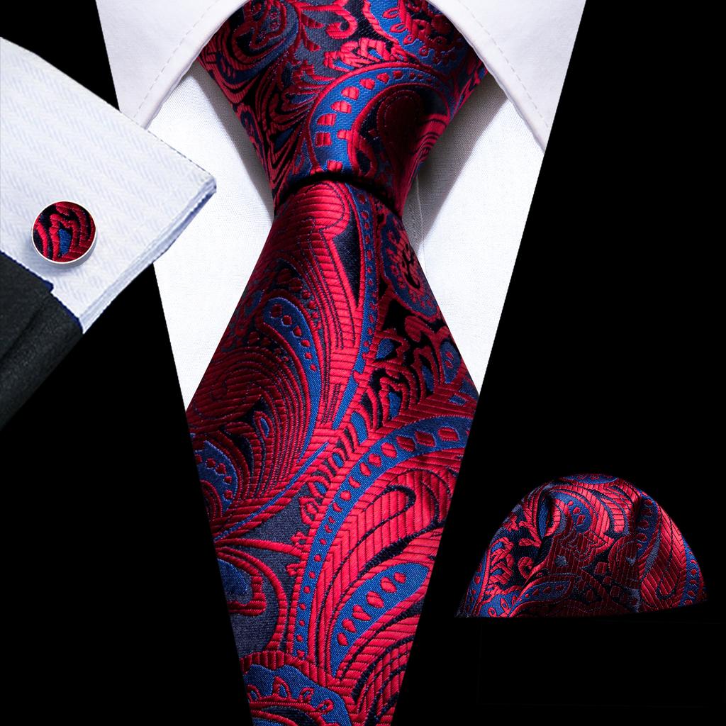 Barry.Wang Mens Tie Set Jacquard Striped Silk Necktie Pocket Square Cufflinks Set