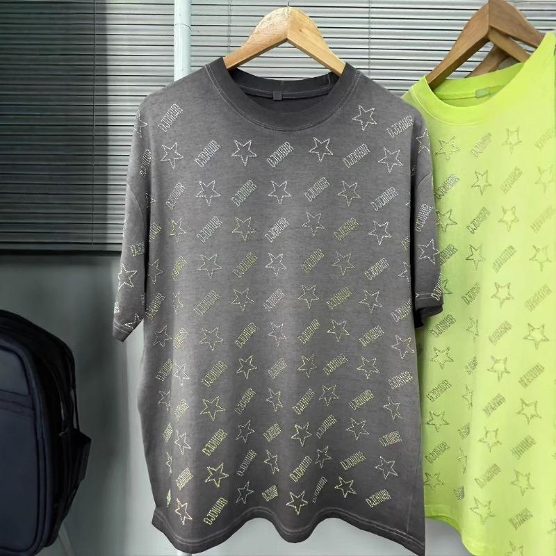 Women's Summer Round-neck Short-sleeved T-shirt Heavy Diamond Ironing Washed and Aged Loose Top
