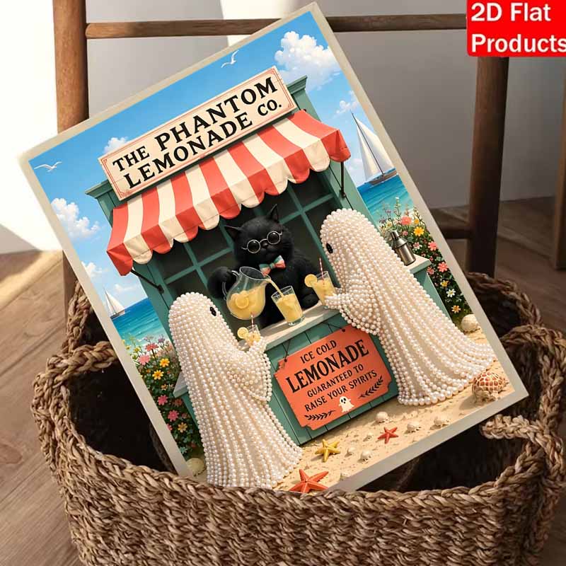 Halloween pearl painting handmade diy art black cat lemonade stand seaside floral pearl home decoration painting