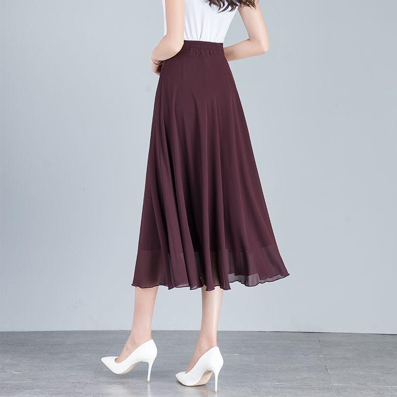 Sommer Neuer Einfarbiger Hellbrauner Chiffonrock Mittellang A-Linie Großer Schwung Damenrock Knielanger Rock