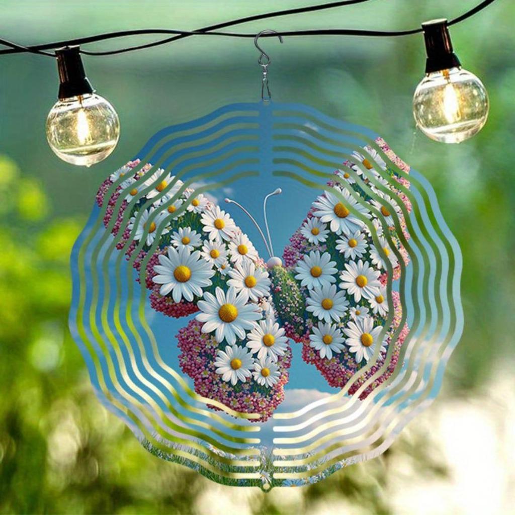2D Metal Wind Chime with Daisy Butterfly Design for Outdoor Garden Patio Decor No Battery Needed Holiday Gift