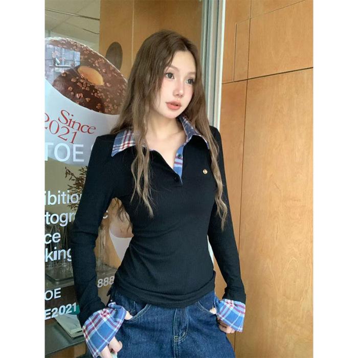 

Женский осенний приталенный топ в клетку, имитация двойки, с длинным рукавом и воротником поло XL