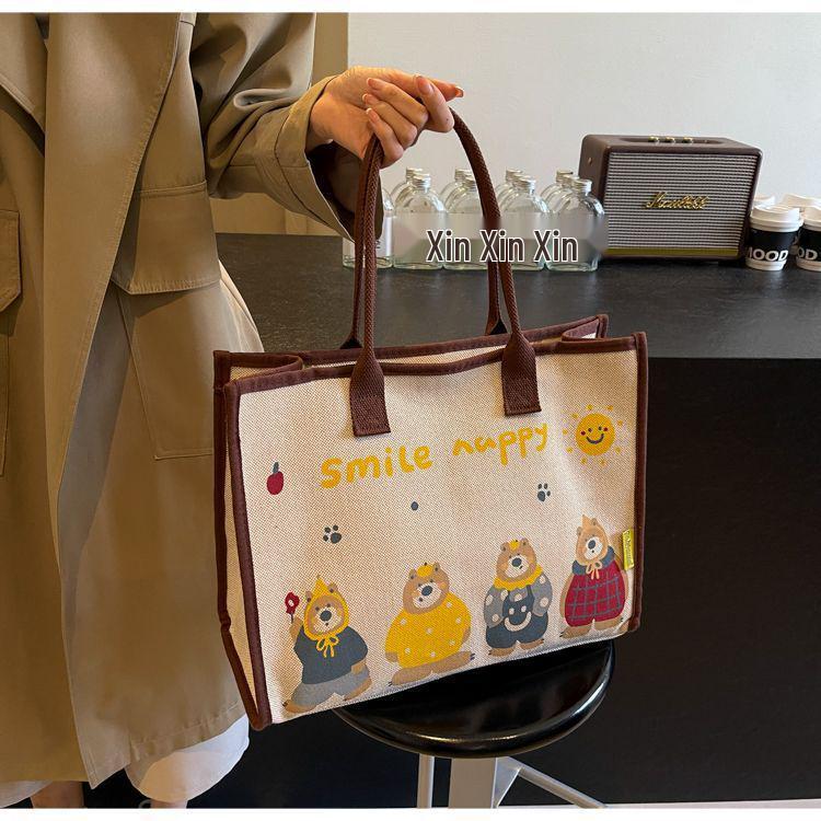 

2025 Женская повседневная холщовая сумка-тоут - Большая вместимость, Мультяшный дизайн, Модная одноплечевая сумка One Size кофейный