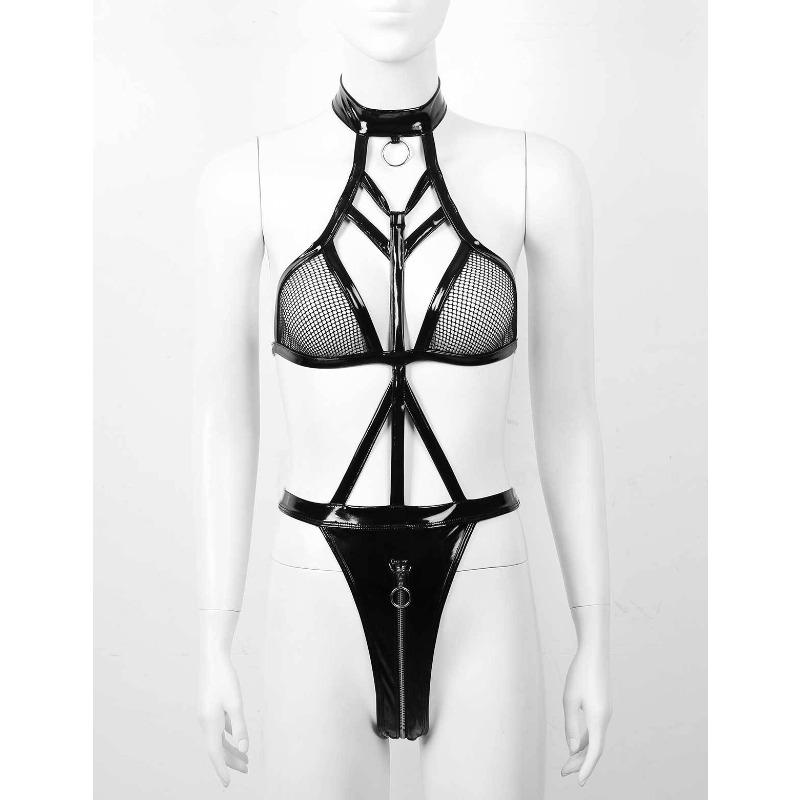 Supply Month New Sexy Patent Leather Backless Perspective Mesh Three-point Sex Suit