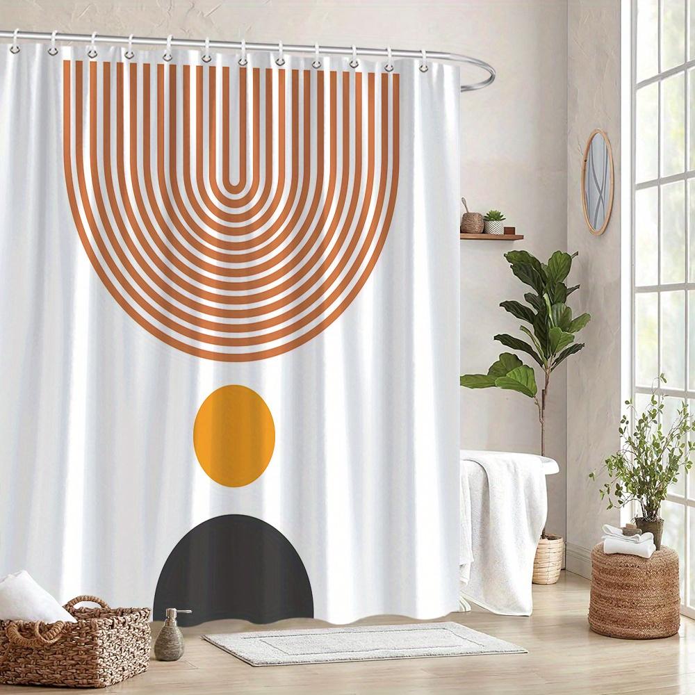 1 Abstract Geometric Shower Curtain - Brown/White/Black Circles And Lines, Polyester Fabric, Hooks, Machine Washable
