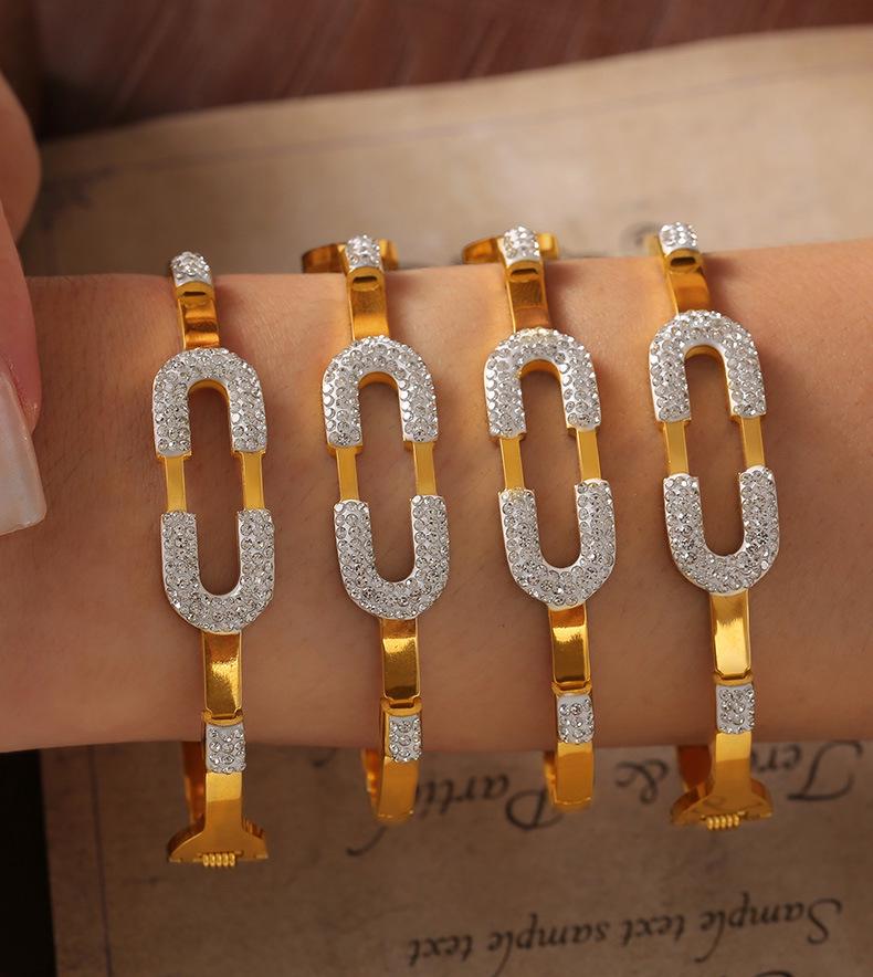 Minimalist European-American Gold-Plated Titanium Steel Bangle with Geometric Design and Diamond Detailing